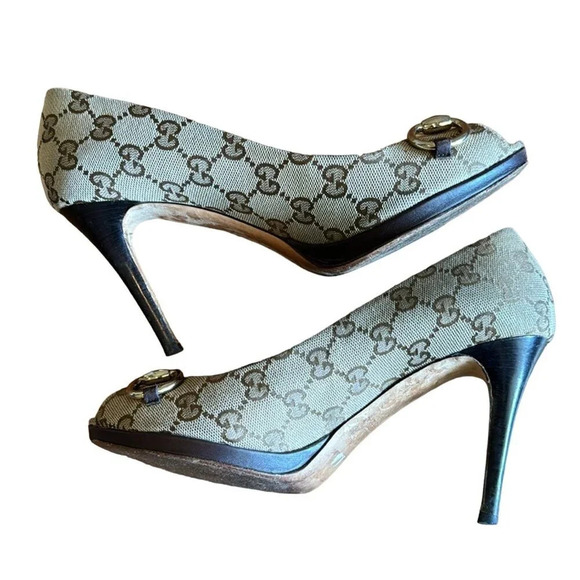Gucci GG Monogram Canvas Open Toe Horsebit Pumps Beige Brown EU 37.5 US 7.5 - Picture 8 of 13